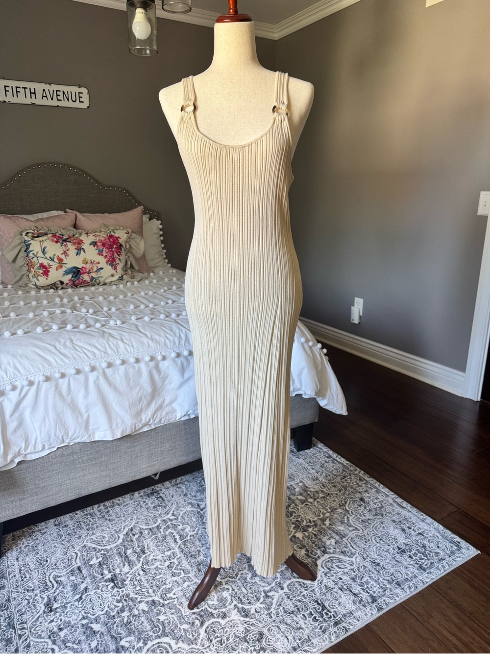 Z Supply Cream Ribbed Maxi Dress with Ring-Strap Detail.